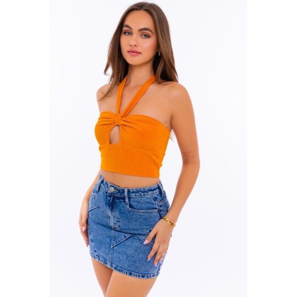 LE LIS HALTER BANDEAU CROP TOP ORANGE - Picture 1 of 7